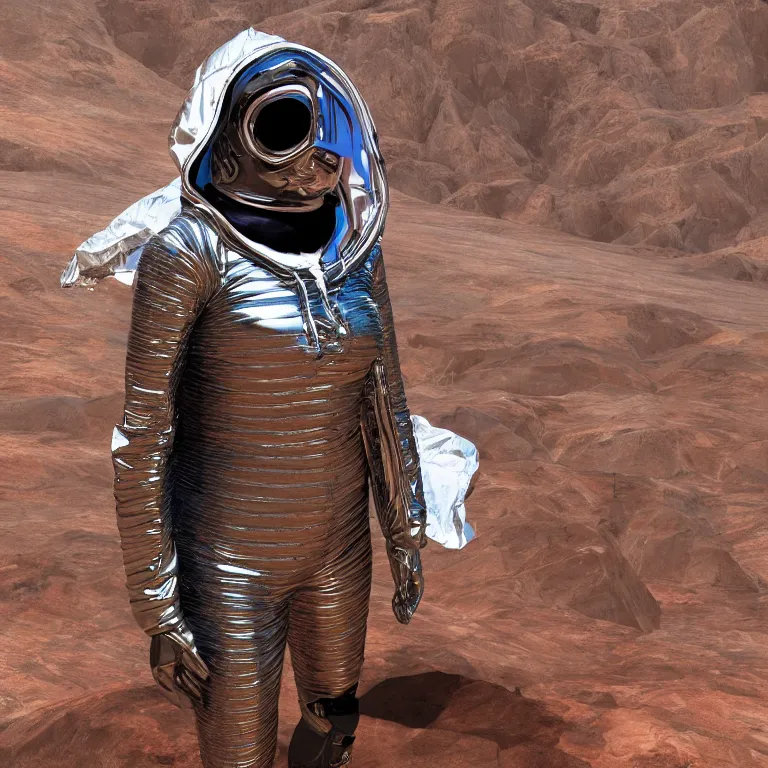 Image similar to octane render portrait by wayne barlow and carlo crivelli and glenn fabry, subject is a woman covered in folded aluminum foil space suit with a colorful metallic space helmet, standing on a red rocky western alien landscape, cinema 4 d, ray traced lighting, very short depth of field, bokeh