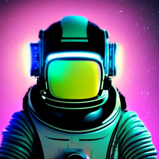 Image similar to cyberpunk astronaut bot, cinema 4 d, galaxy space sci - fi, wearing vr goggles, illustration, portrait, pastel neon textured background night, detailed,