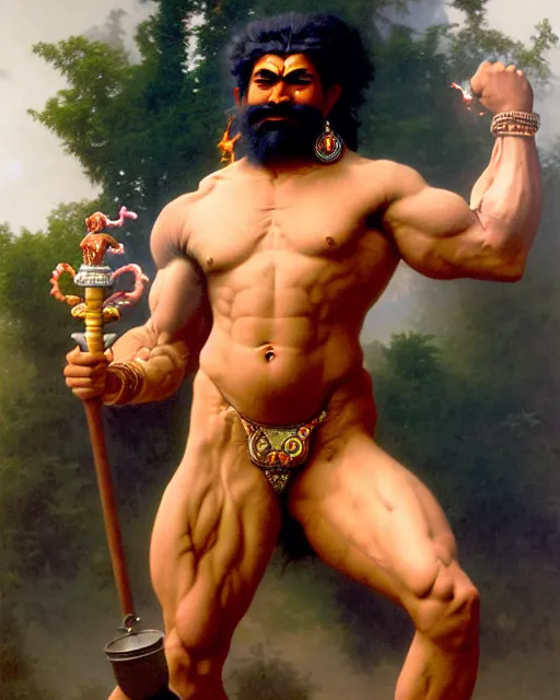 Image similar to amazing lifelike award winning realistic illustration of Angry muscular hindu God Shiva spewing fire from mouth wearing tiger skin in style of William-Adolphe Bouguereau, shiva body builder, blue skin, pumped biceps and abs, hypermuscular, trending on artstation, artgerm, Greg rutkowski, alphonse mucha, cinematic, epic Lighting, photorealistic, Octane render, Unreal Engine, Art nouveau