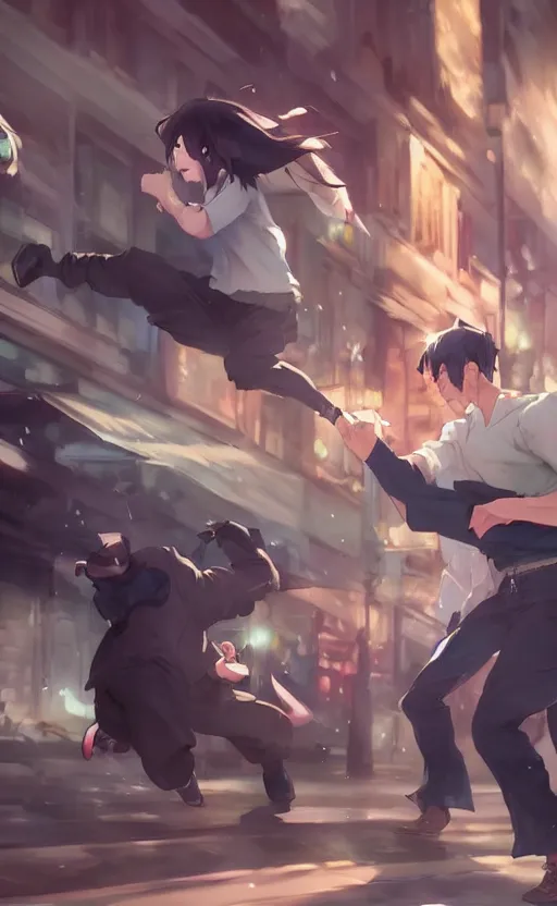 Prompt: a street fight, full shot, atmospheric lighting, detailed faces, by makoto shinkai, stanley artgerm lau, wlop, rossdraws