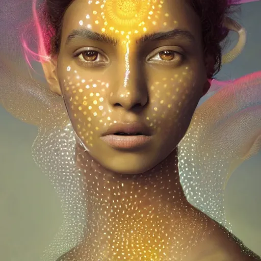 Image similar to a close - up shot of a brown woman wearing a luminous armor made of neon floating jelly fishes. surrounded by jelly fishes. soft lighting. fragile. haunting eyes!! coherent face!! no makeup!! muted colors. by ray caesar. by louise dahl - wolfe. by andrea kowch. surreal photography