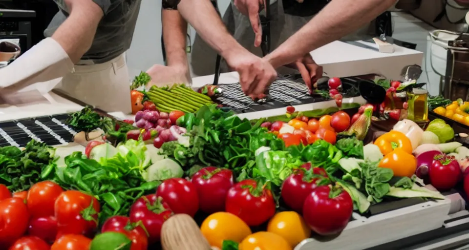 Prompt: film still of fresh fruits and vegetables making beats in the studio on an mpc