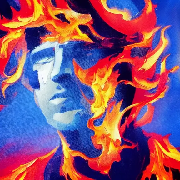 Image similar to abstract painting of man on fire. Handsome. Long hair. portrait. ArtStation. Impressionist. Silouette.