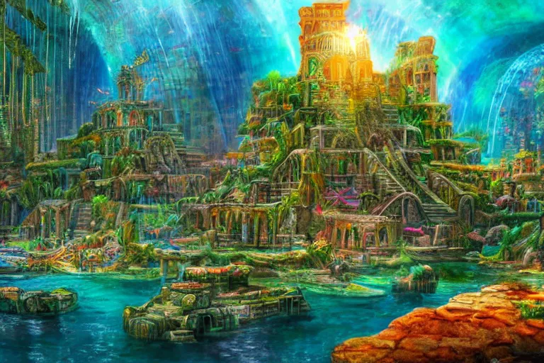 Image similar to lost city of atlantis, hyper realism, colorful, 8 k, realistic, psychedelic