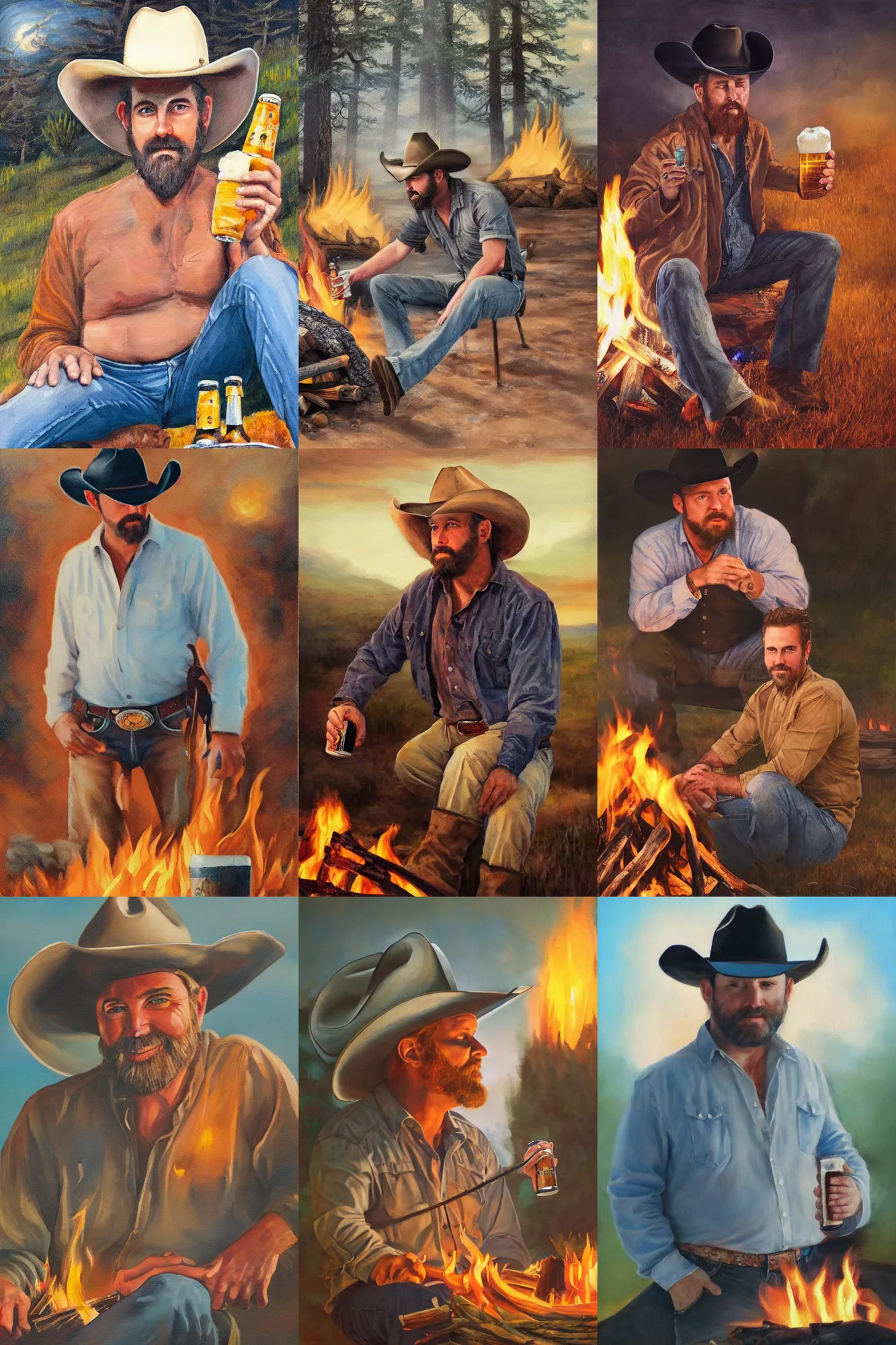 Prompt: an ethereal painting of a rugged handsome man with a beer belly and cowboy hat sitting by a campfire