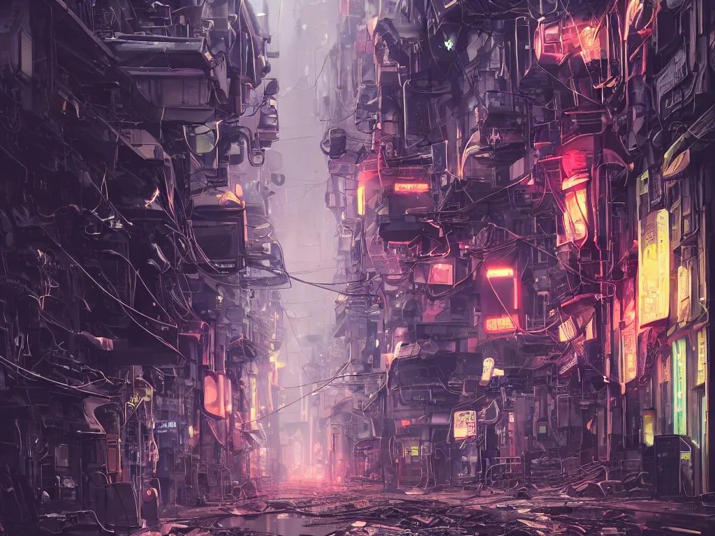 Prompt: ground in futuristic dieselpunk narrow street, cable stone ground. lots hanging cables, tiny wires on the ground. garbage on the ground. rain. fog, haze, evening. led screens. neon signs. very sharp. cables on the ground. very messy. futuristic. photorealistic. artstation. anime. studio gimbli style. golden rate.