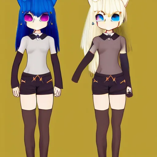 Image similar to full body character concept art of a little cat girl with yellow hair and blue eyes in chibi style