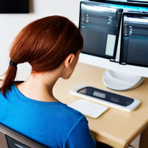 Prompt: cable plugged in, back of head, woman, apple computers