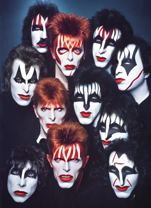 Image similar to what if david bowie was the lead singer of the band kiss, realistic, photograph, high definition, 4 k, soft lighting