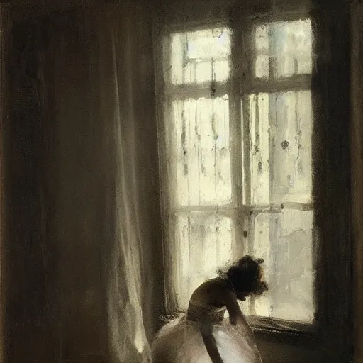 Prompt: the lone ballerina in the soft window light, by jeremy mann, anders zorn.