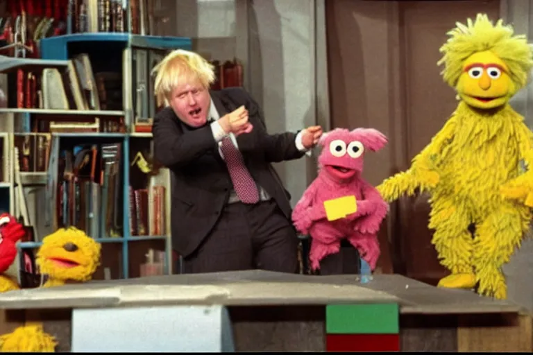 Prompt: Boris Johnson as a muppet on Sesame Street VHS recording