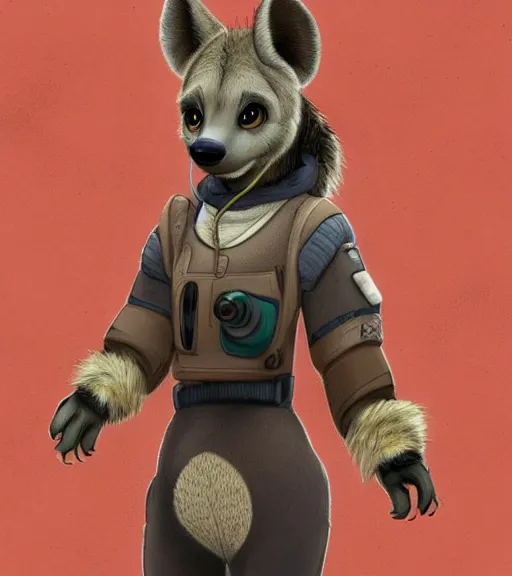 Image similar to digital detailed full body of anthromorphic female hyena, in style of zootopia, zootopia, zootopia, fursona, furry, furaffinity, 4 k, deviantart, wearing astronaut outfit, in style of zootopia, floating in space, space background, in deep space, dark background, hyena fursona, cyberpunk, female, stylized face,