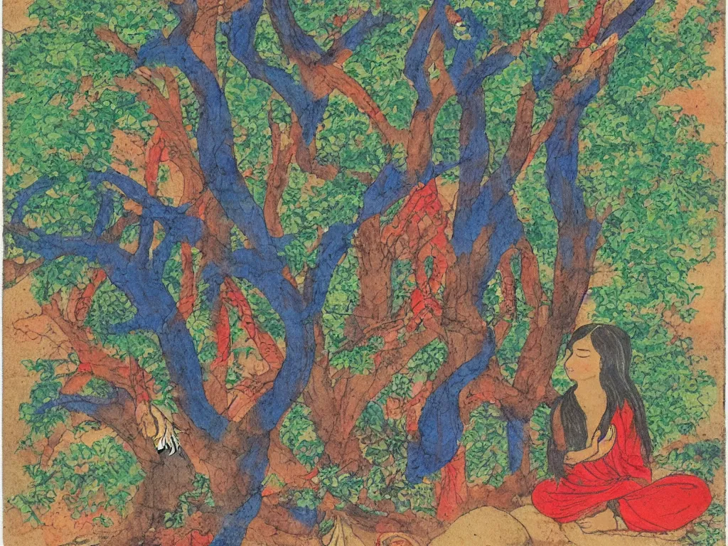 Prompt: Mystic, yogi, in trance, meditating under a tree. Indian, Pahari miniature, colorful, red, deep blue.