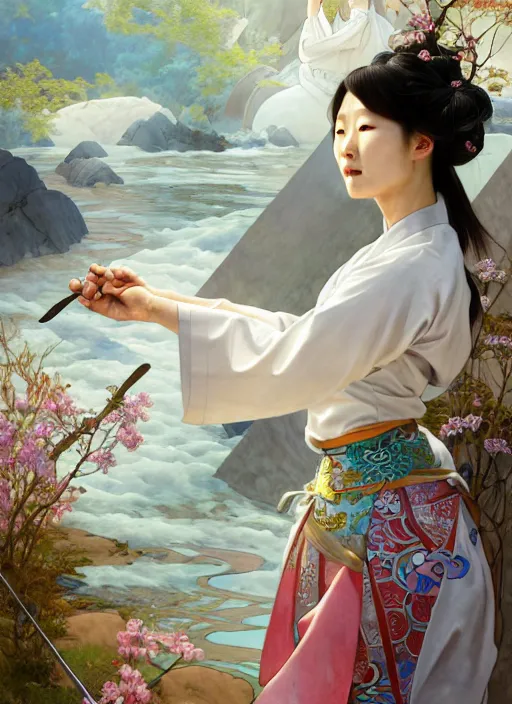 Image similar to character concept of a south korean female chef, wearing a beautiful hanbok inspired apron, holding magical kitchen knives, beautiful rivers of energy flowing in background, by peter mohrbacher and alphonse mucha and loish, 4 k, high resolution, intricate, hyperdetailed, photorealistic, artstation, smooth, sharp focus