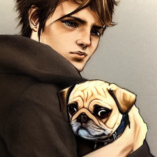 Prompt: self portrait, young handsome man with short light brown hair and light sking holding a pug for a picture, pencil art, added detail, high definiton, colored, backfacing, by yoji shinkawa