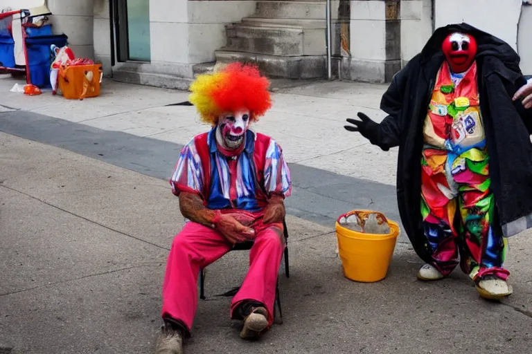 Prompt: a clown trying to make a homeless guy happy