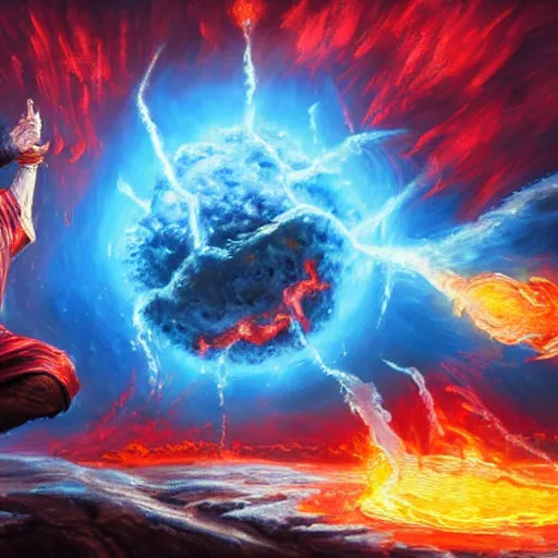 Prompt: Highly detailed oil painting, concept art, of a wizard casting a fireball spell, fighting against a huge ice giant, red and blue color scheme, concept art, highly detailed.