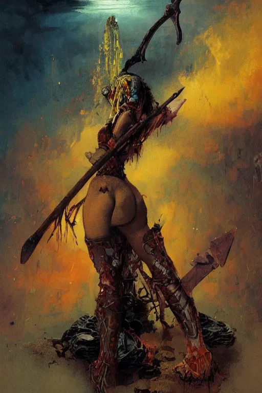 Prompt: Dead Angelic woman in plated bikini armor wielding a giant axe sitting on couch, D&D, elegant, Art by Beksiński and Francis Bacon, vibrant, fantasy, intricate, smooth, artstation, painted by greg rutowski, Francisco Goya, Frazetta