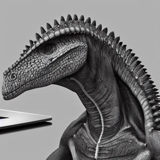 Image similar to human sitting in front of computer, but human is dinosaur, photorealistic, 5 5 mm