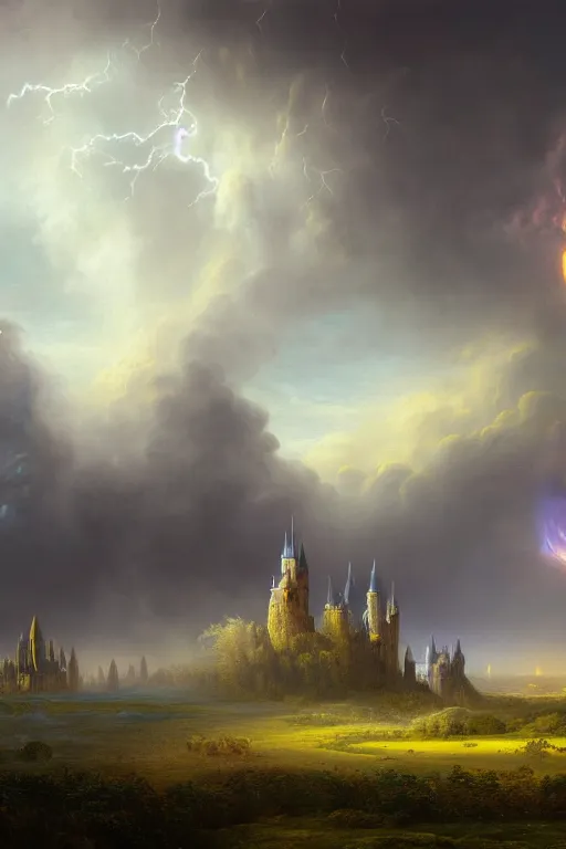 Image similar to a beautiful digital illustration painting of a detailed gothic fantasy endless plains with castle in the distance and thunder storm, by benoit b. mandelbrot, steven belledin, martin johnson heade, lee madgwick, caspar david friedrich, and david rios ferreira. 8 k resolution trending on artstation concept art digital illustration