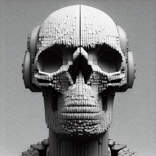 Prompt: portrait of cybernetic overlord of the metaverse, skull, hard clay, ceramics, reflections, ambient occlusion, raytracing, 8 - bit, by beeple