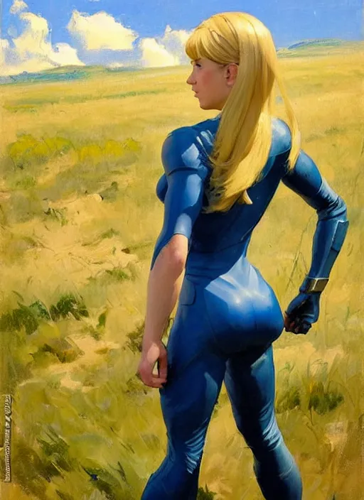 Image similar to Greg Manchess painting of Zero Suit Samus, countryside, calm, fantasy character portrait, dynamic pose, above view, sunny day, thunder clouds in the sky, artwork by Jeremy Lipkin and Giuseppe Dangelico Pino and Michael Garmash and Rob Rey, very coherent asymmetrical artwork, sharp edges, perfect face, simple form, wacky, 100mm