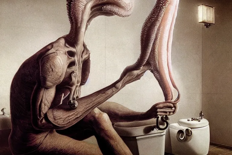 Image similar to hyperrealism aesthetic ridley scott and caravaggio and denis villeneuve style photography of a detailed giant squidward, siting on a detailed ultra huge toilet and scrolling his smartphone in surreal scene from detailed art house movie in style of alejandro jodorowsky and wes anderson