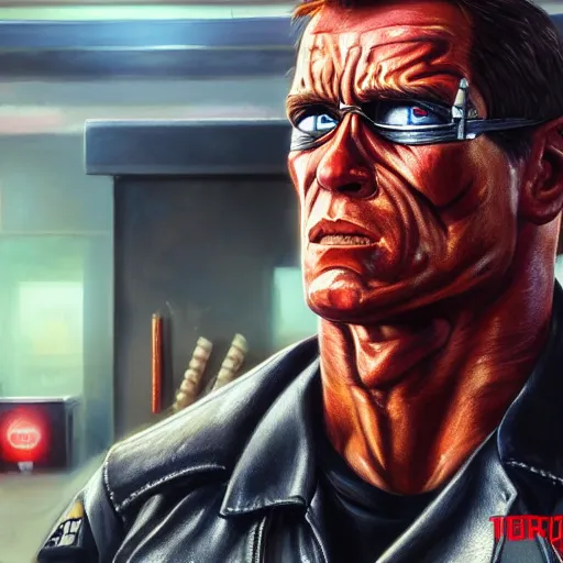 Image similar to an oil painting of the terminator as a mc donald worker, by artgerm, hd, hdr, ue 5, ue 6, unreal engine 5, realistic anime 3 d style, cinematic 4 k wallpaper, 8 k, ultra detailed, gta cover art, high resolution, artstation, award winning