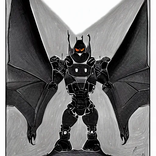 Image similar to ink drawing of a cybernetic bat standing menacingly, trending on artstation