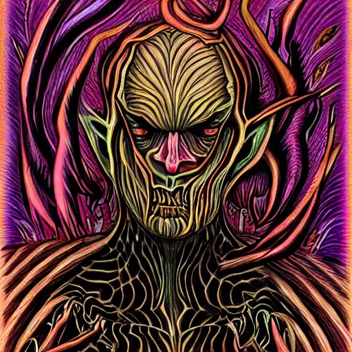 Prompt: A sleep paralysis demon in the style of alex grey