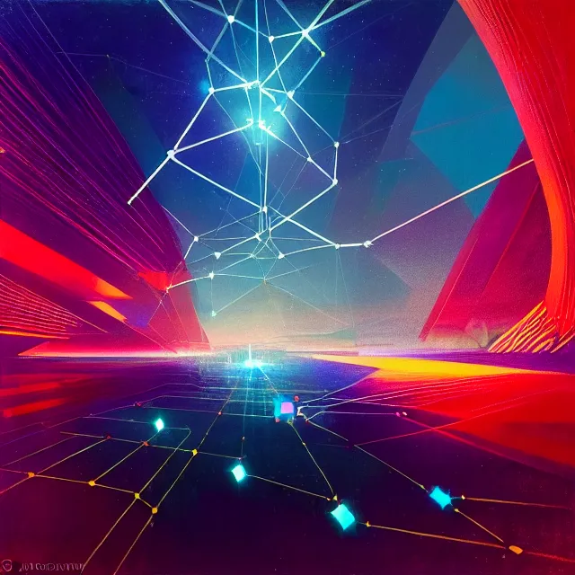 Image similar to a chain of interconnected dots, plexus effect, blockchain, symmetry, intricate, volumetric lighting, beautiful, rich deep colors masterpiece, sharp focus, ultra detailed, in the style of john harris