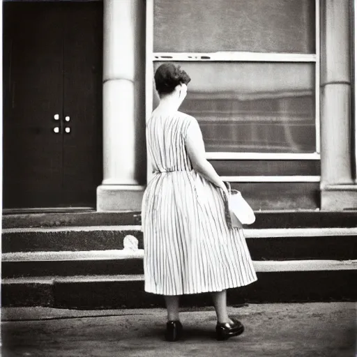 Image similar to photo of a woman in a dress by vivian maier. professional photography.