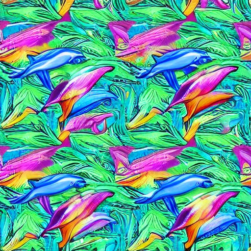 Prompt: dolphins jumping over a pile of hemp leaves in a psychedelic lisa frank style, digital art