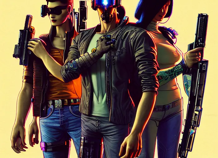 Image similar to cyberpunk gunslingers, gunmen, and bounty hunters. portrait by stonehouse and mœbius and will eisner and gil elvgren and pixar. character design. realistic proportions. cyberpunk 2 0 7 7 character art, blade runner 2 0 4 9 concept art. cel shading. attractive face. thick lines. the team. diverse characters. artstationhq.