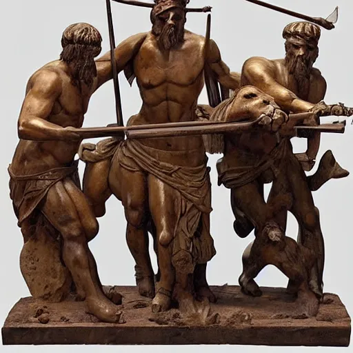 Image similar to greek warriors fighting against capybara, ancient greek statue, epic, detailled