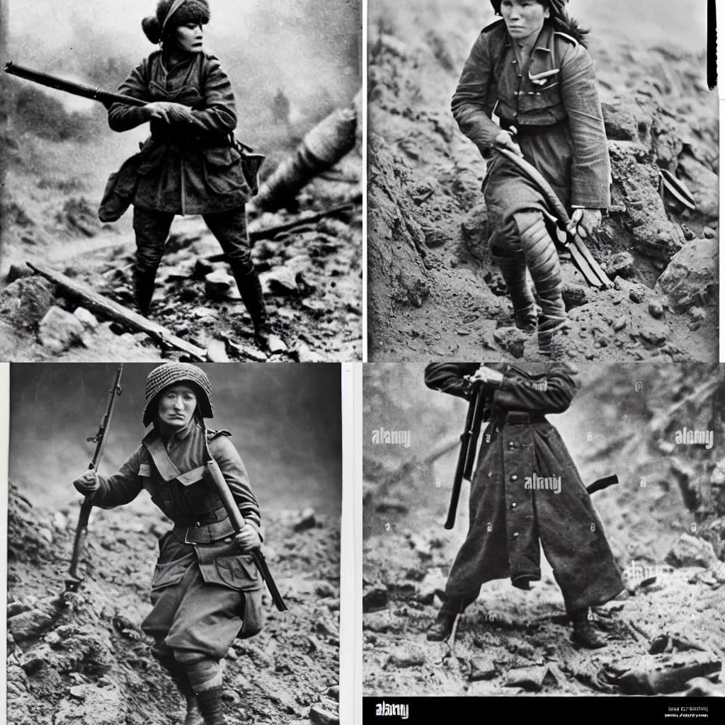 Prompt: mai shiruani fighting in the trenches of world war 1, fierce and determined warrior woman, vintage photograph, vignette