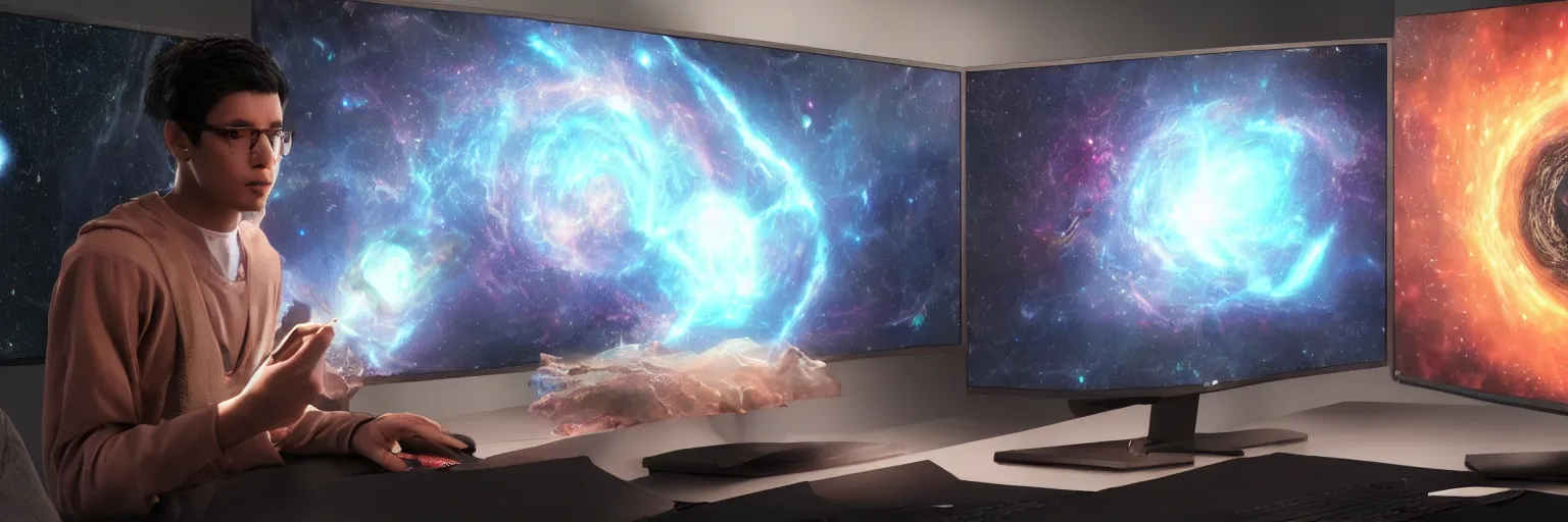 Image similar to a young mage creating a universe in his PC, a male mage in his 20s with black hair sitting in front of wide monitor, a monitor showing the universe creation. hyperrealistic, extremely detailed, award-winning art, trending on Artstation