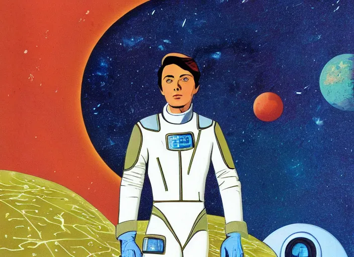 Image similar to a portrait of Alain Delon pilot in spacesuit posing on field forrest spaceship station landing laying lake artillery outer worlds shadows in FANTASTIC PLANET La planète sauvage animation by René Laloux