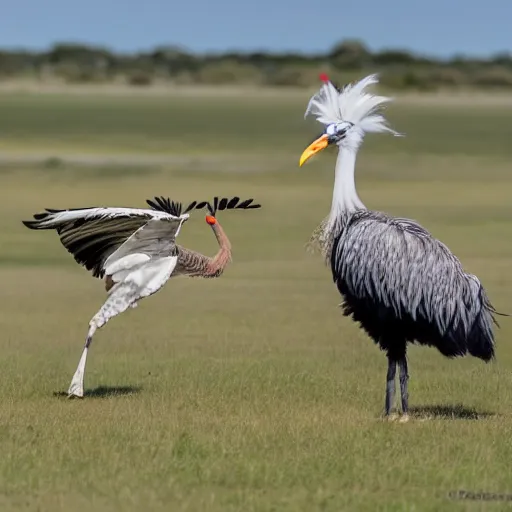 Image similar to secretary bird and an ostrich, fighting each other, in a fantasy field made of cotton candy