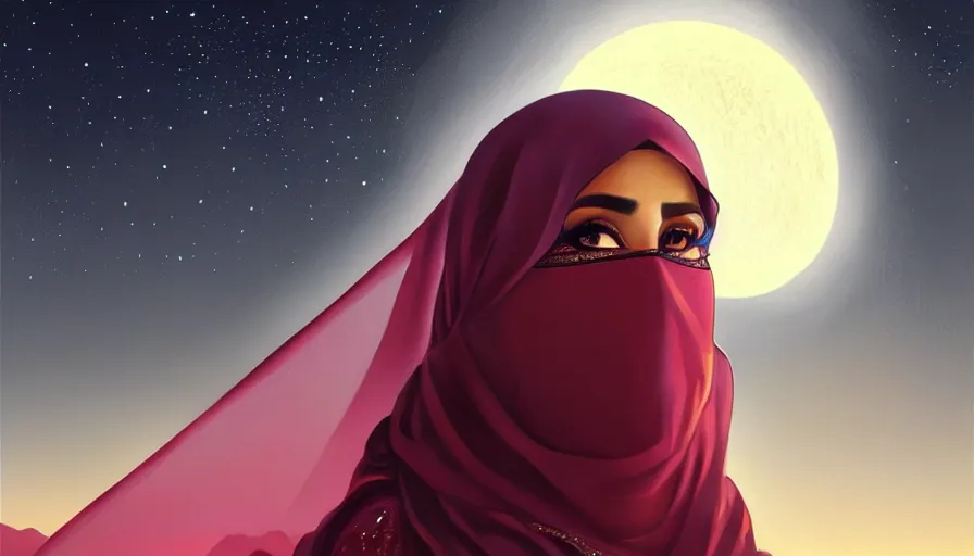 Image similar to Portrait of very very very very very very beautiful Arab woman wearing a Niqab, glowing magical eyes, energy trails, under giant full moon in the desert, intricate, elegant, highly detailed, digital painting, artstation, concept art, smooth, sharp focus, illustration, art by artgerm and greg rutkowski and alphonse mucha