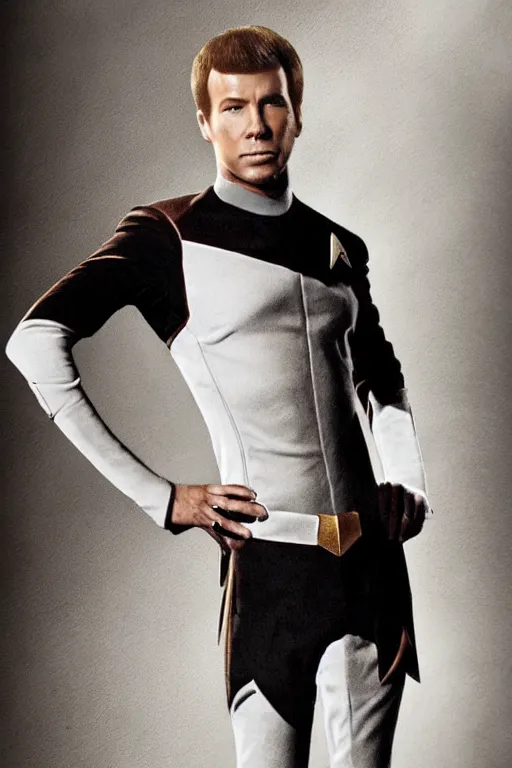 Image similar to full body digital portrait of scrawny captain james t kirk, starfleet uniform, star trek, malnourished, sensual, smooth, elegant, sharp focus, highly detailed