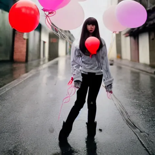 Prompt: a anime girl holding several balloons in a dark rainy alleyway