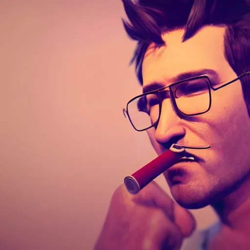 Image similar to 3 d render of markiplier smoking a cigarette, unreal engine, dslr, award winning, 8 k, octane beautifully detailed render, cold lighting, cinematic lighting, detailed photo,