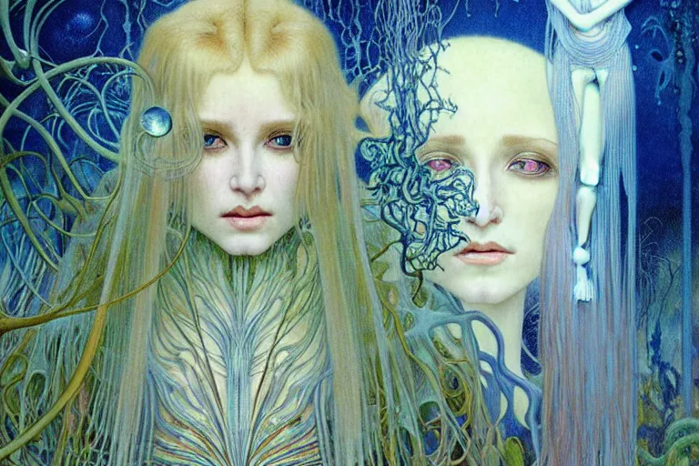 Image similar to realistic detailed portrait painting of a beautiful ghost woman with blond hair with an alien, futuristic sci-fi forest on background by Jean Delville, Amano, Yves Tanguy, Alphonse Mucha, Ernst Haeckel, Edward Robert Hughes, Roger Dean, rich moody colours, blue eyes