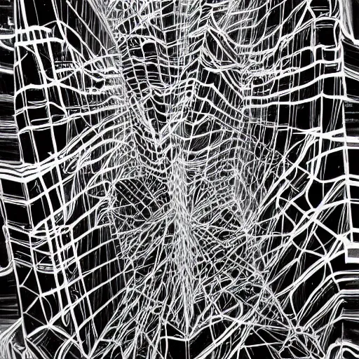 Prompt: abstract black and white concept art graphic painting illustrating transformer network, overcomplicated, math inspired, hyper detailed, psychodelic, creepy