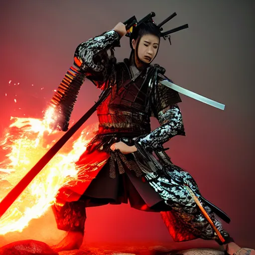 Image similar to japanese samurai disintegrating into crystals wielding a flaming katana, volumetric lighting, dynamic composition, hyper detailed, ultra realistic, sharp focus, octane render, concept art