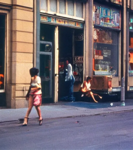 Image similar to close-up color film photography, Manhattan street life in 1970s, soft light, 35mm, film photo, Joel Meyerowitz