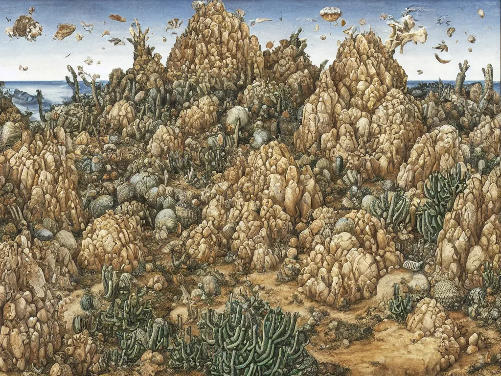 Image similar to Seashell citadel. Windswept desert, jagged rocks, marbled boulders, efflorescent cacti, fungus. Painting by Lucas Cranach, Escher.