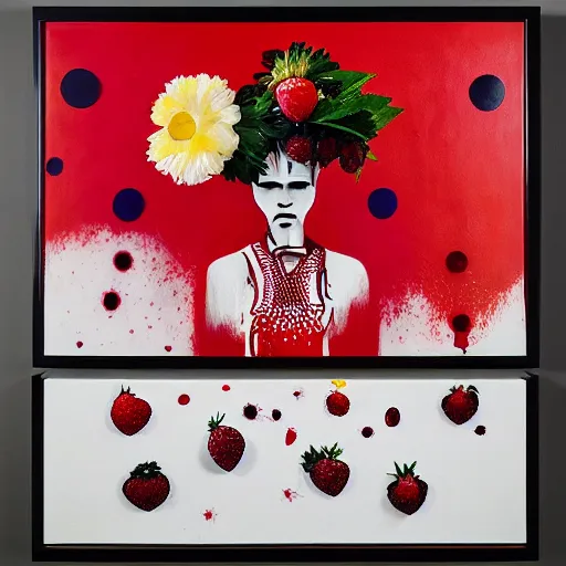 Image similar to “art in an Australian artist’s apartment, portrait of a woman wearing stained white cotton cloth, stained by fresh raspberries and strawberries and blueberries, white wax, edible flowers, Japanese pottery, Australian native white and red flowers ikebana, black walls, acrylic and spray paint and oilstick on canvas”