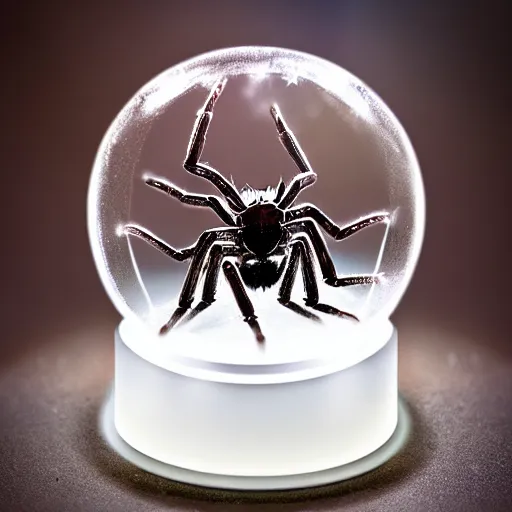 Prompt: a metal spider with a gnome snow globe head, professional lighting